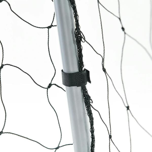 Black net ties securing white mesh to a light grey goal post