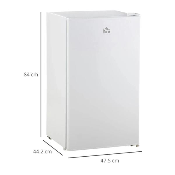White under-counter mini fridge front view with overall dimensions marked beside it.