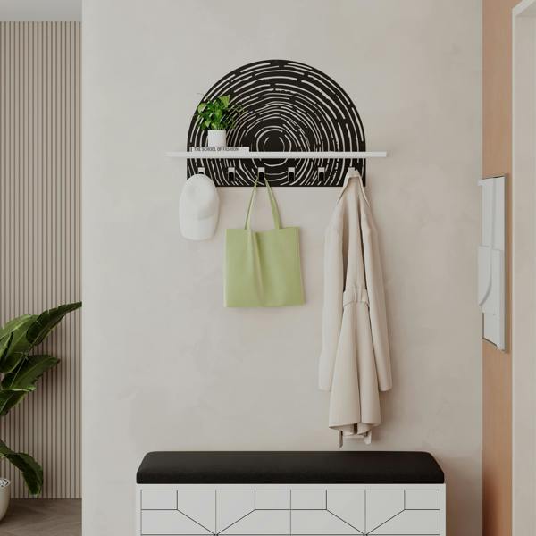 Decortie Modern Pine Wall-Mount Coat Hanger 6 Hooks Metal Laser-cut Design Engineered Wood Shelf Storage Hallway