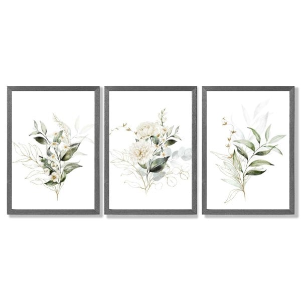 White an Green Floral Bouquets Set of 3 Framed Art Prints with Dark Grey Wooden Frames