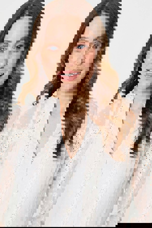 Ivory | Lace Trim High Neck Long Sleeve Blouse
