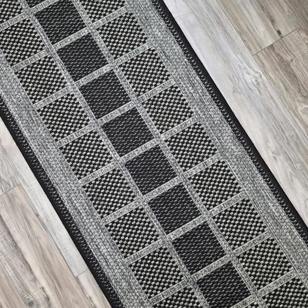 Non-Slip Grey Black Rug Geometric Border Design Flat Weave Kitchen Dining Room Living Room Area Mat