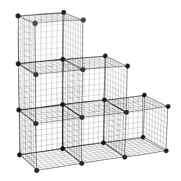 Black metal wire interlocking cube storage rack with open grid shelves