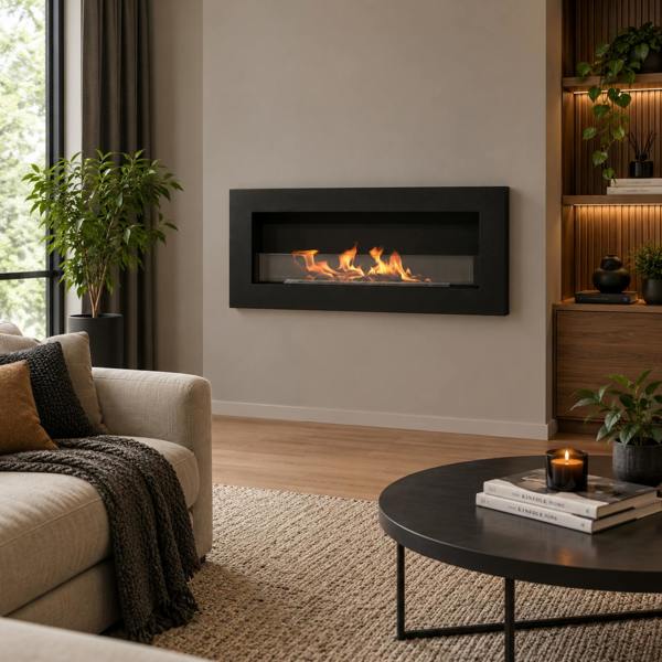 BIOFireplacesGMT Biofireplace Modern Wall Mounted Fireplace 900x400 Black Structural Matt with Glass