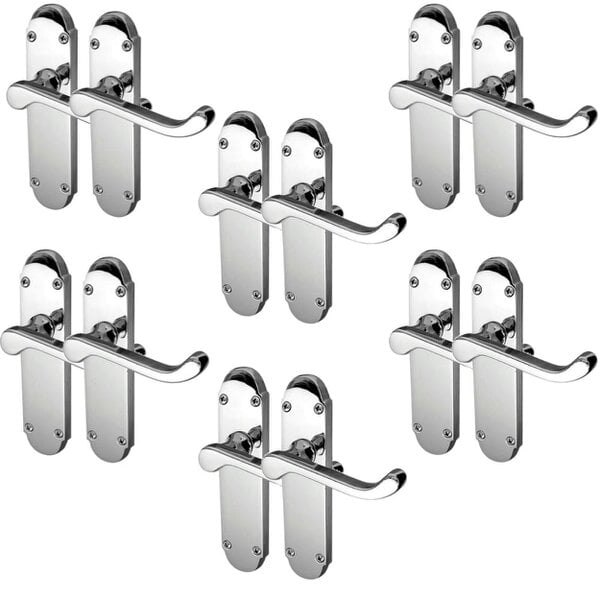 EDH Door Hardware Polished Chrome Victorian Scroll Door Handles on Shaped Backplate – 170mm x 40mm 6 Pairs