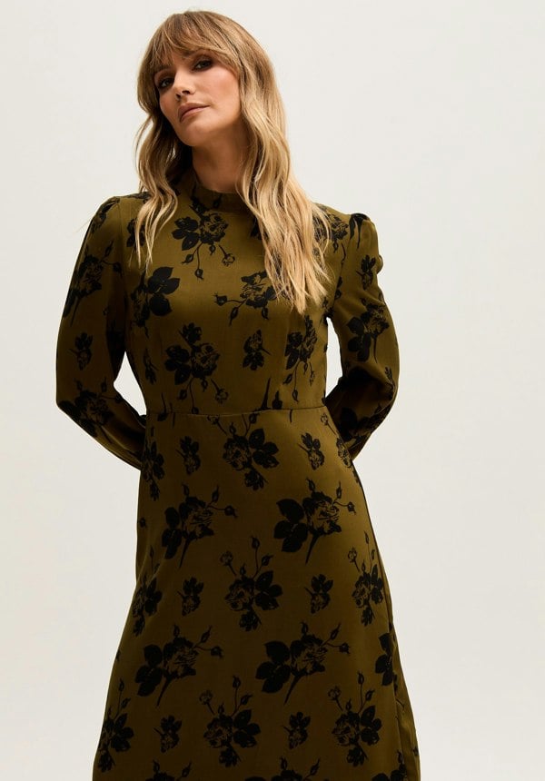 Scarlett High Neck Floral Print Midi Dress in Khaki- image 3
