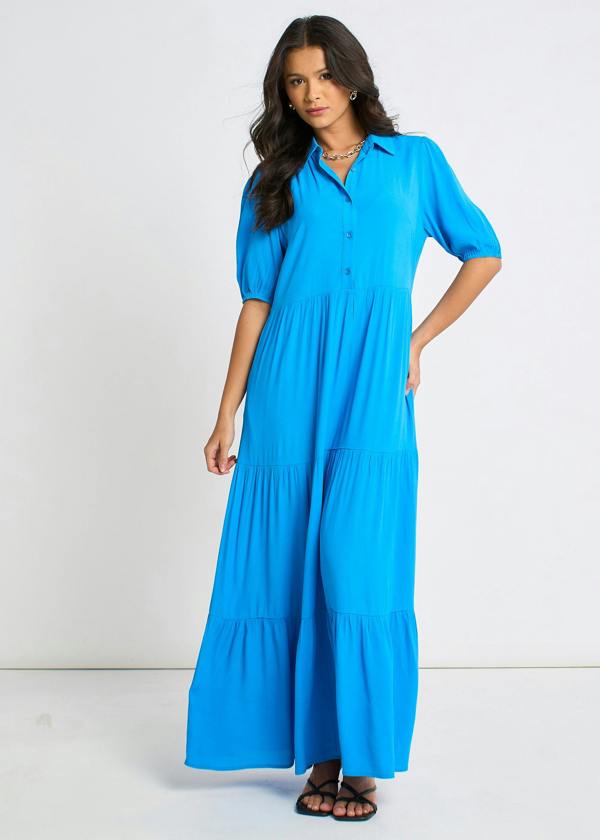Gini London Blue Button Through Skater Maxi Dress