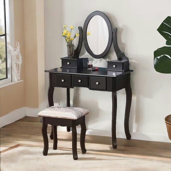 Rafaelo Mobilia 5 Drawer Make Up Dressing Table With Mirror And Stool Black