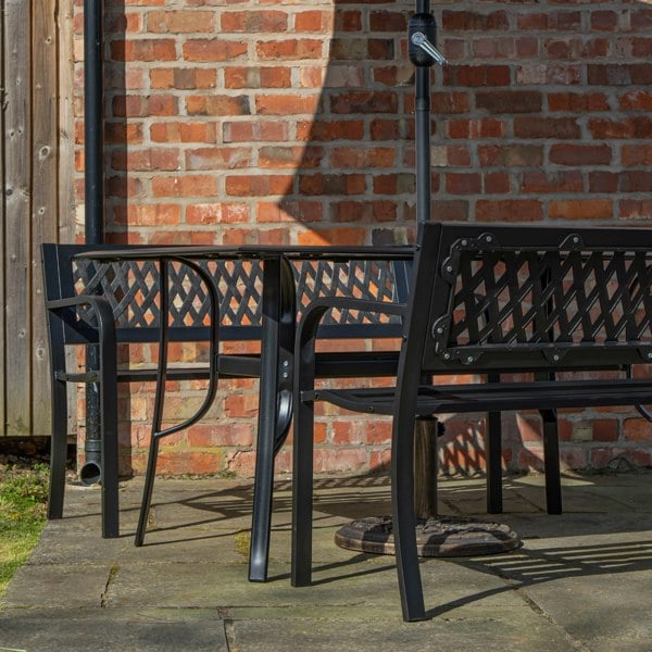 Samuel Alexander Outdoor 4 Person Rectangular Glass Top Garden Dining Table Benches With Grey Havana Parasol and Base Set