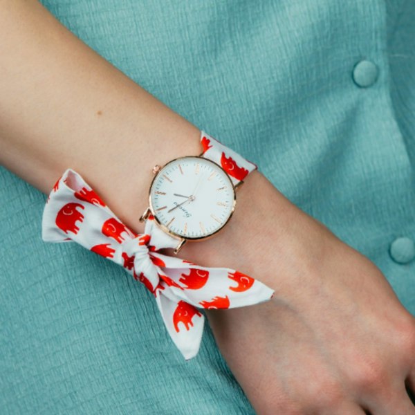 The Colourful Aura Elephant Print Changeable Fabric Cotton Tie Knot Strap Geneva Women Wristwatch