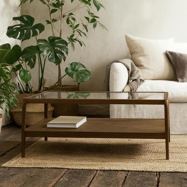 Wyld Haus Denver Walnut Wood and Glass Top Coffee Table with Bottom Shelf