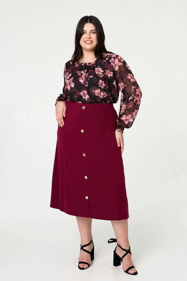 Red | Curve Button High Waist A-Line Midi Skirt