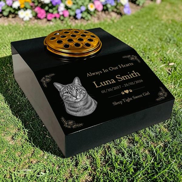 Memorials Direct Cat Memorial Granite Photo Desk - Floral Design