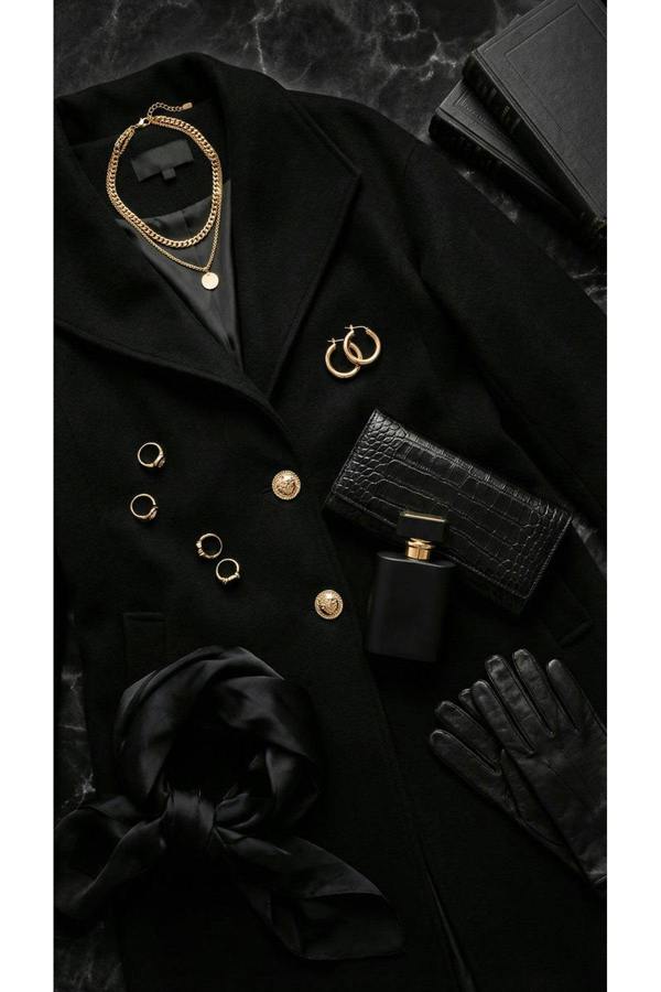 Marelle Belted Longline Coat With Button Detail - Black