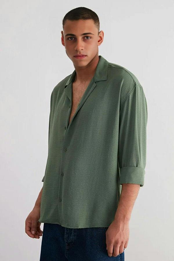 WOVCOR Oversize Fit Open Collar Linen Look Men’s Shirt