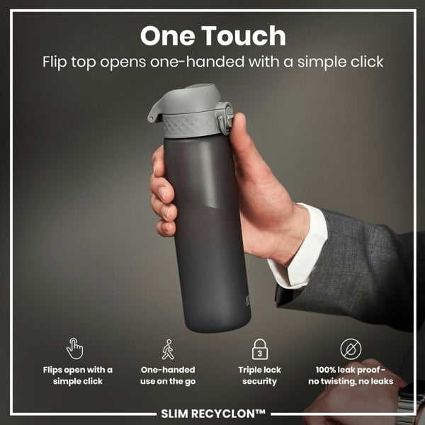 A dark gray water bottle is held; its flip top opens one-handed. The bottle features a triple lock security and is 100% leak proof. The context is a simple product advertisement.