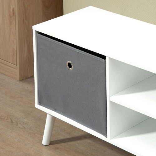 Wyld Haus Nirona 110cm Wooden White TV Storage Cabinet With Grey Fabric Fold Down Drawers For Screens Up To 50 Inches