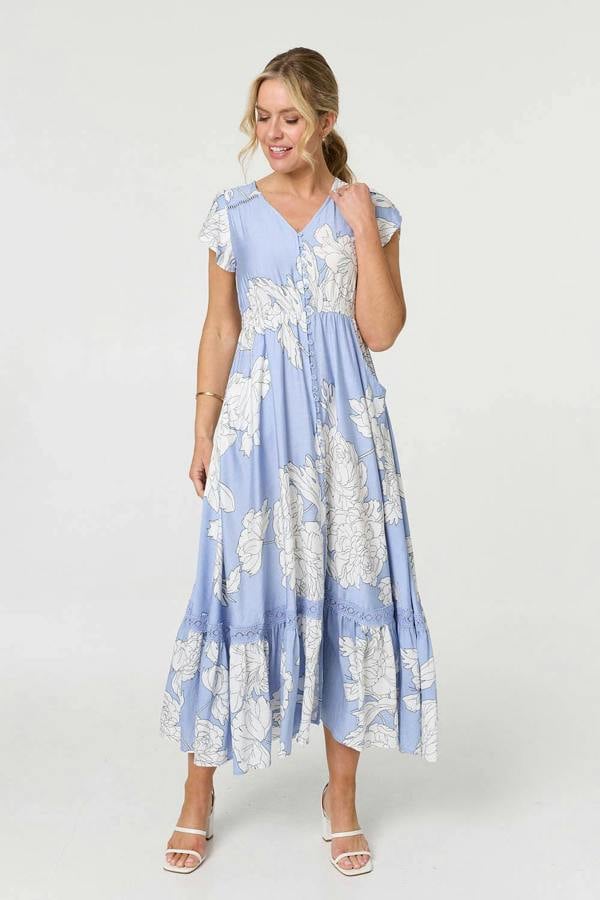 Blue | Floral Cap Sleeve Button-Up Maxi Dress : Model is 5'10"/178 cm and wears UK8/EU36/US4/AUS8