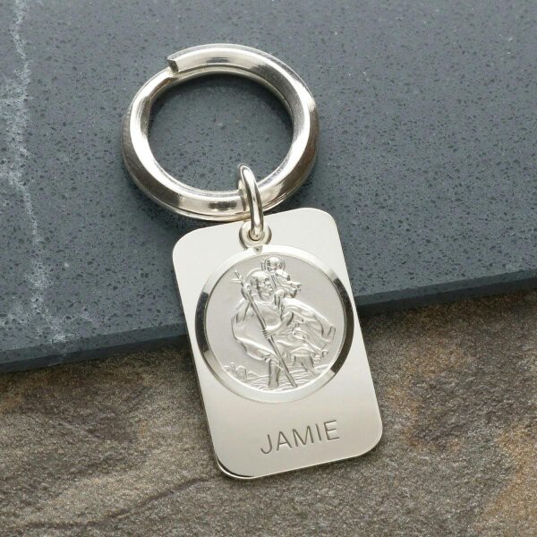 Christopher James of London Sterling Silver Personalised Rectangle St Christopher Keyring With Travellers Prayer