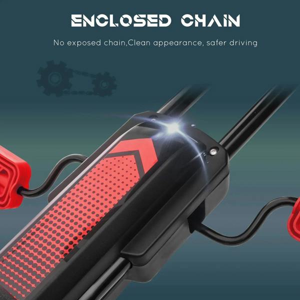 Enclosed chain area on kids pedal go-kart, black frame with red pedal detail