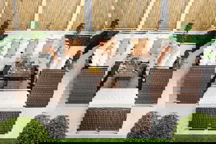 Giardino Havana 8 Seat Modular Sofa Rattan Garden Furniture Set Outdoor Fire Pit Coffee Table & Bench