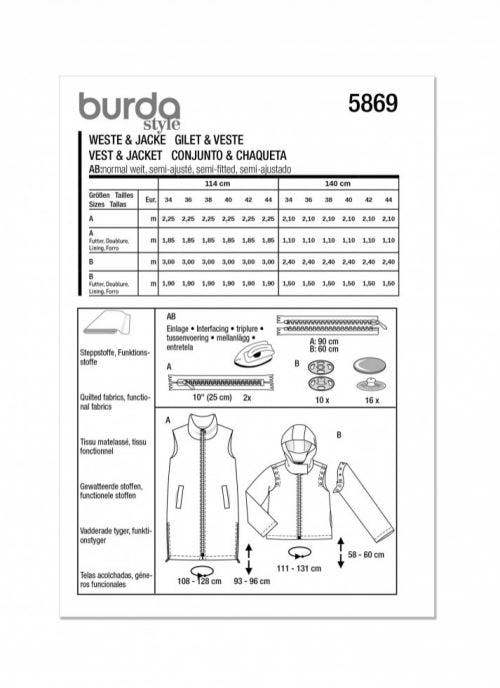 Burda Sewing Pattern 5869 Waistcoats, Jackets and Coats For Women, 8-18 (34-44) - Advanced