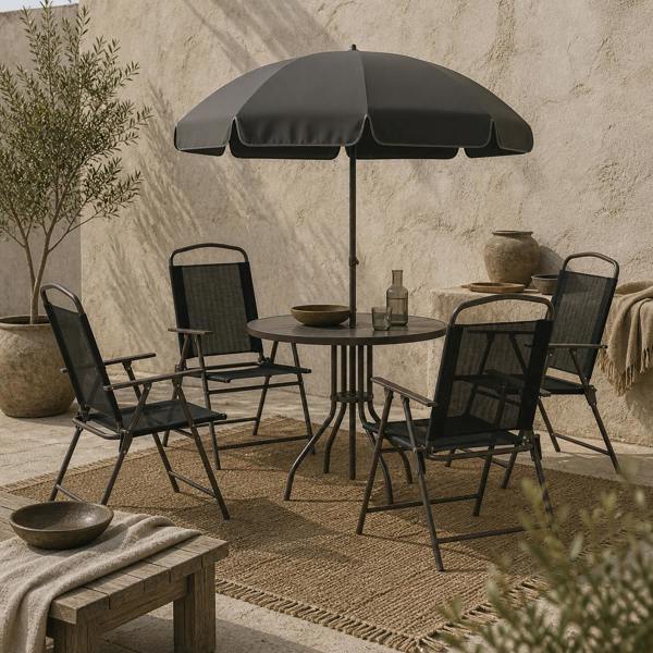 Wyld Haus Jattare 4 Seater Metal and Mesh Black Garden Dining Set With Parasol Folding Chairs And Glass Table