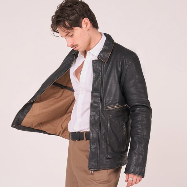 Barneys Originals Men's Vintage Style Washed Leather Trucker Jacket