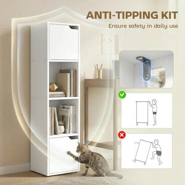 Narrow Bookcase, 4-Tier Bookshelf, Storage Cabinet with doors for Living Room, Bedroom, White