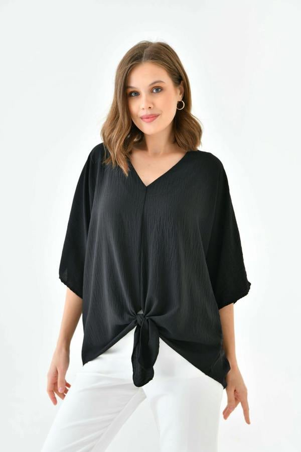 Hoxton Gal Oversized V Neck Tie Front Detailed Blouse with 3/4 Sleeves in Black