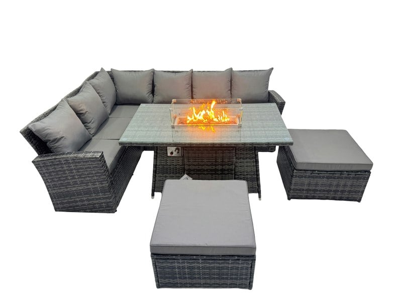 Fimous Poly Rattan Outdoor Patio Gas Fire Pit Dining Table Corner Sofa Set with 2 Big Stools for Garden Backyard Dark Grey Mixed