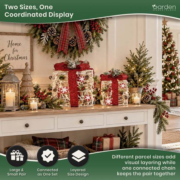 Set of 2 Light-Up White Rattan Christmas Parcels with Red Bows, 25 White LED Lights, Battery Powered Festive Decoration