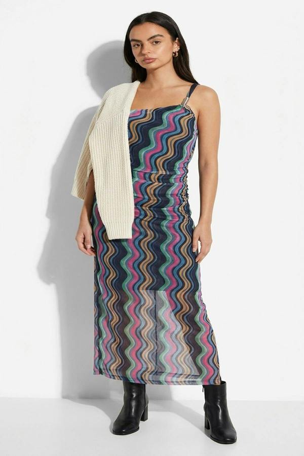 Jalia Wavy Print Ruched Mesh Strap Maxi Dress - Multi