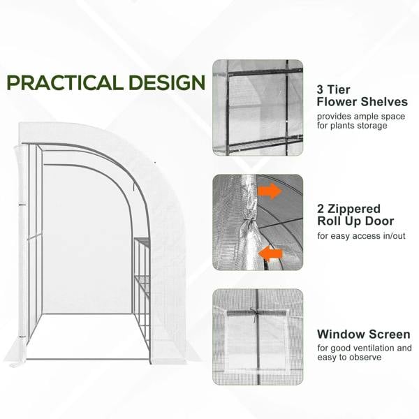 White greenhouse with roll-up zippered door, window screen, and three-tier shelf frame