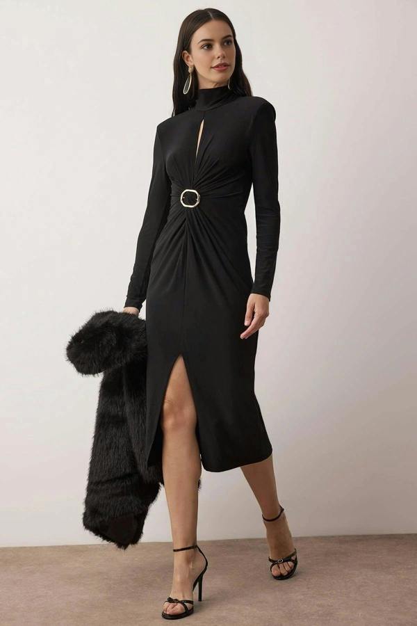 WOVCOR Knitted Midi Unlined Evening Dress with Cut Out Accessory Details