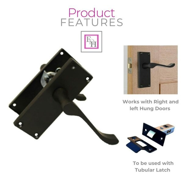 EDH Door Hardware Matt Black Victorian Scroll Door Handles on Backplate – 118mm x 42mm 6 Pairs + Tubular Latches