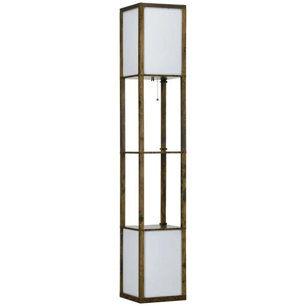 Brown standing shelf floor lamp with dual glowing panels and vertical metal supports