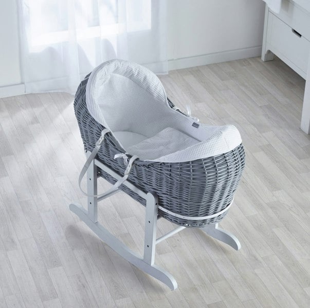 Kinder Valley White Waffle Grey Wicker Pod Moses Basket with Rocking Stand Deluxe Grey