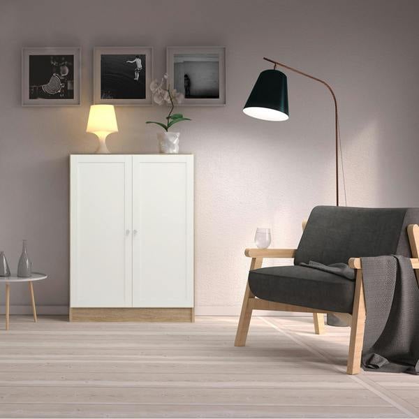 Furniture To Go Basic Low Wide Storage Cabinet in Oak (2 Shelves) with 2 White Doors