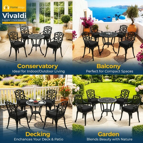 Homeology VIVALDI Black 5-Piece Cast Aluminium Garden Bistro Set - with Black Cushions