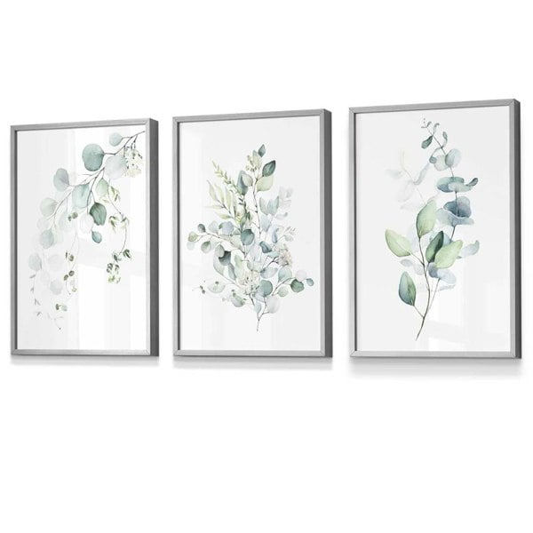 Artze Wall Art FLORAL Set of 3 Eucalyptus Blue Green Leaves Framed Prints