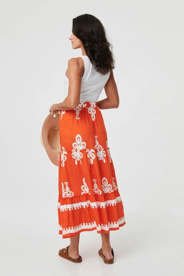 Orange | Ikat Print Tiered High Waist Midi Skirt
