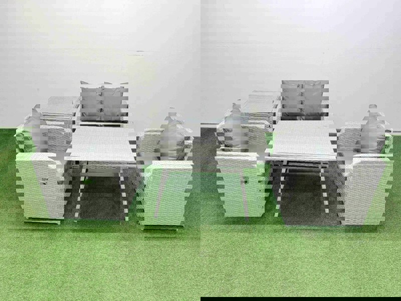 Fimous Light Grey PE Wicker Rattan Garden Furniture Set Sofa Set Reclining Chair Love Sofa Rectangular Dining Table Side Table
