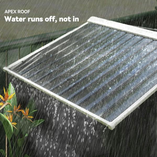 Apex roof of the outdoor shed with drainage design for rain runoff over the metal panels.