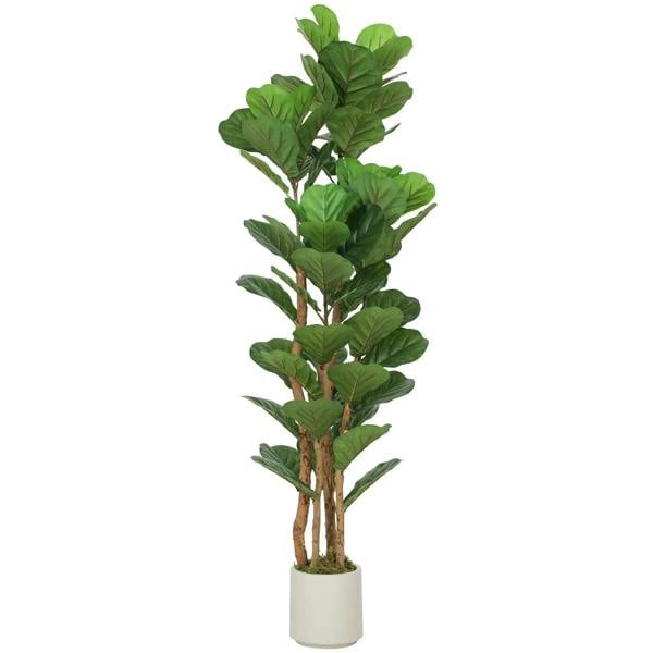 Artificial fiddle leaf fig tree with green leaves in a white pot