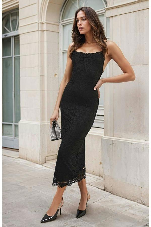 Viviana Strappy Floral Lace Midi Dress - Black