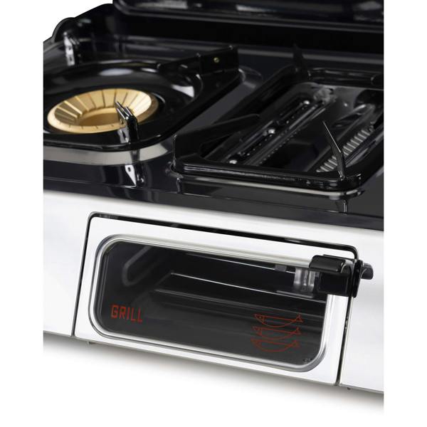 Stainless steel gas stove with open oven door on a white background