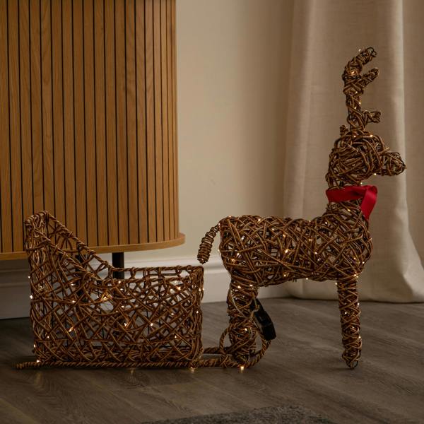 Samuel Alexander 82cm Battery Powered Light Up Rattan Reindeer & Sleigh with 120 LEDs and Timer