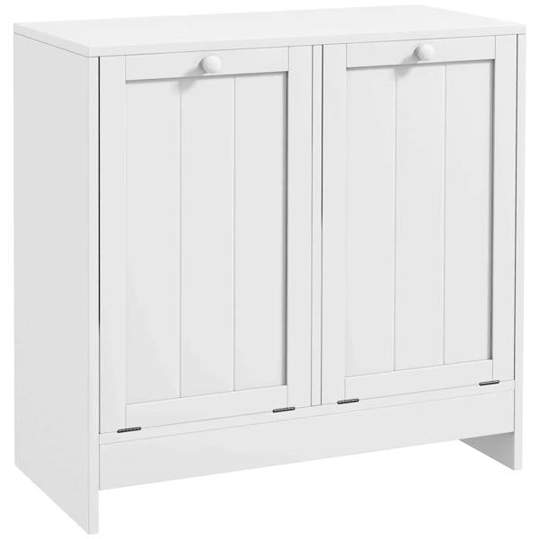White double laundry hamper storage cabinet with two front doors and round knobs.