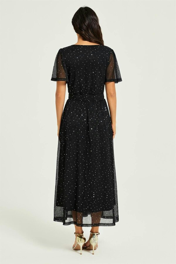 FS Collection Silver Sequin Pleated Ruched Waist Midi Dress Black
